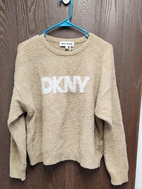 DKNY Cream Bouclé Logo Crewneck Sweater